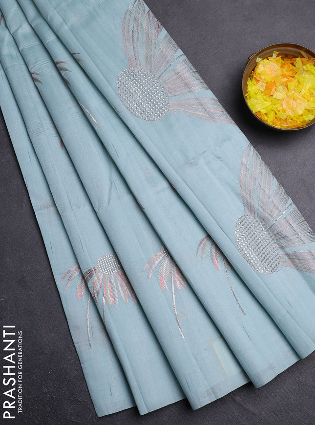 Semi raw silk saree pastel blue with floral embroidery work buttas in borderless style
