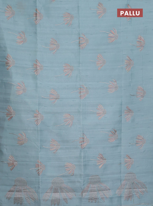 Semi raw silk saree pastel blue with floral embroidery work buttas in borderless style