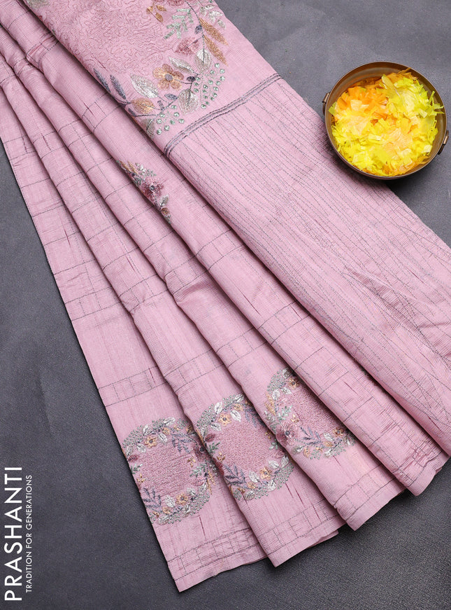 Semi raw silk saree pastel pink with allover embroidery work buttas in borderless style