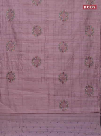 Semi raw silk saree pastel pink with allover embroidery work buttas in borderless style
