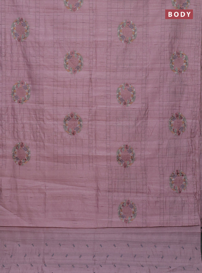 Semi raw silk saree pastel pink with allover embroidery work buttas in borderless style