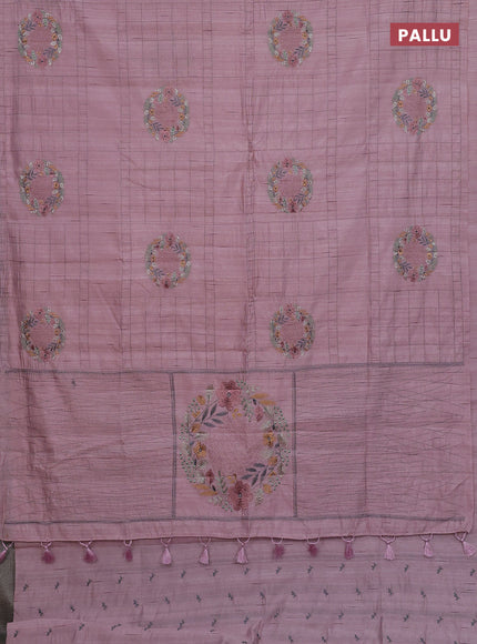 Semi raw silk saree pastel pink with allover embroidery work buttas in borderless style