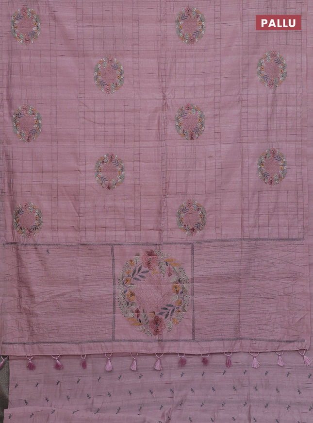 Semi raw silk saree pastel pink with allover embroidery work buttas in borderless style