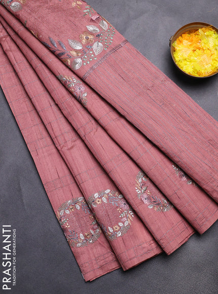 Semi raw silk saree brown with allover embroidery work buttas in borderless style