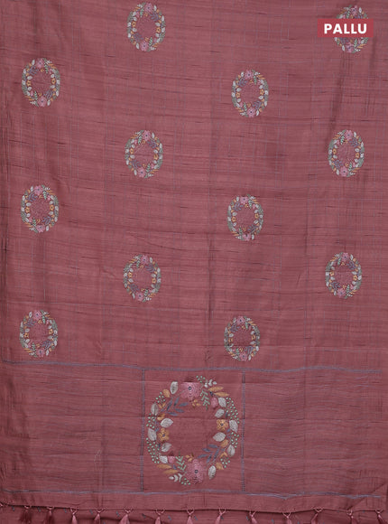Semi raw silk saree brown with allover embroidery work buttas in borderless style
