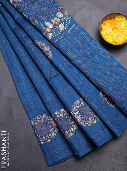 Semi raw silk saree peacock blue with allover embroidery work buttas in borderless style