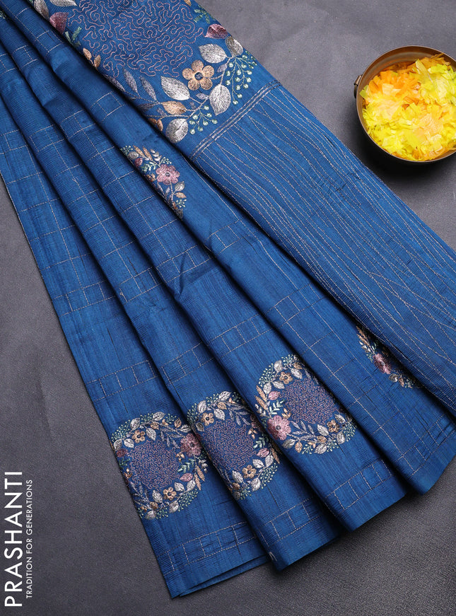 Semi raw silk saree peacock blue with allover embroidery work buttas in borderless style