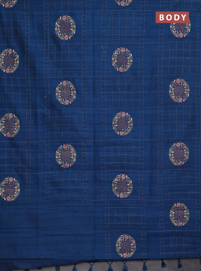 Semi raw silk saree peacock blue with allover embroidery work buttas in borderless style