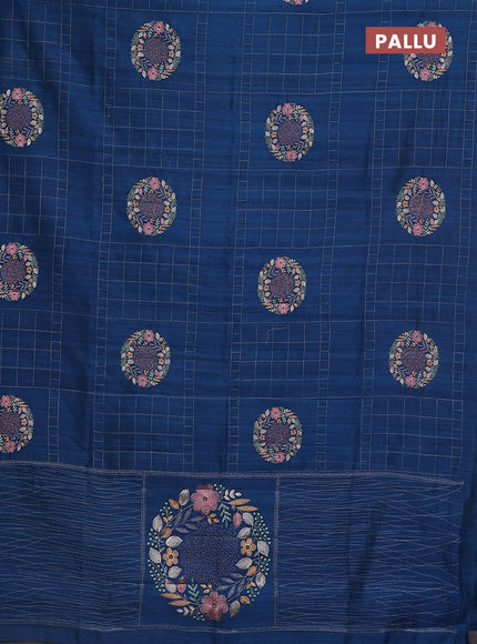 Semi raw silk saree peacock blue with allover embroidery work buttas in borderless style
