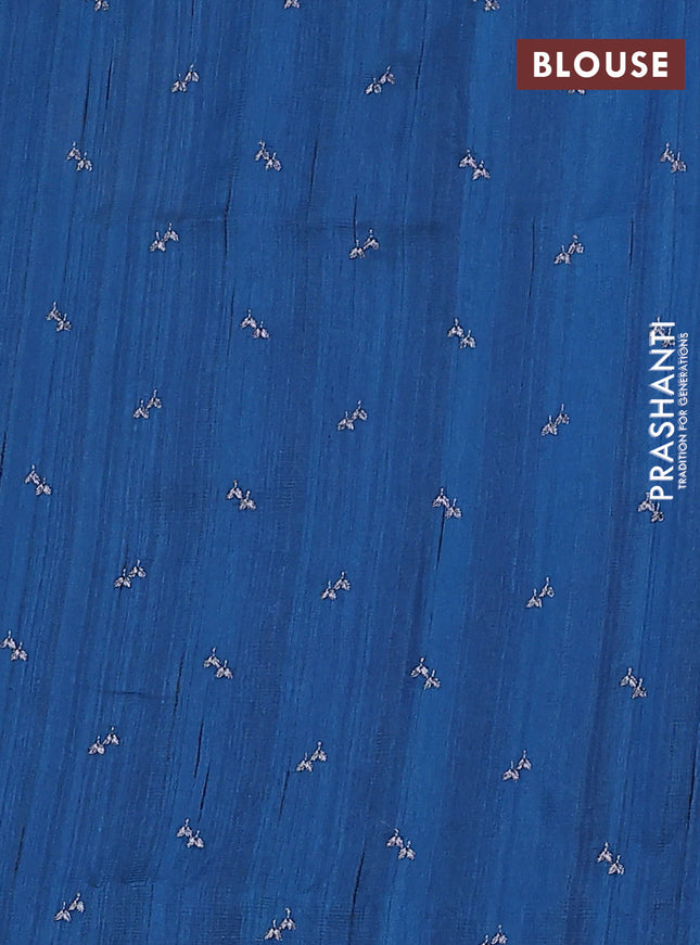Semi raw silk saree peacock blue with allover embroidery work buttas in borderless style