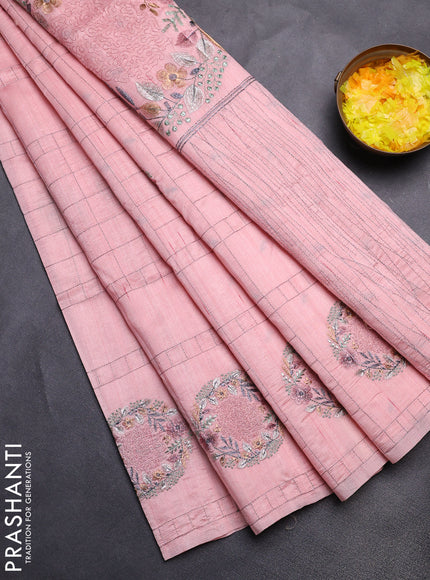 Semi raw silk saree mild peach with allover embroidery work buttas in borderless style