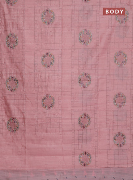 Semi raw silk saree mild peach with allover embroidery work buttas in borderless style