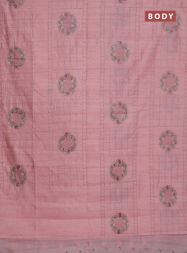 Semi raw silk saree mild peach with allover embroidery work buttas in borderless style