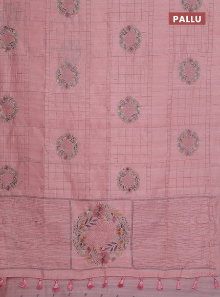 Semi raw silk saree mild peach with allover embroidery work buttas in borderless style
