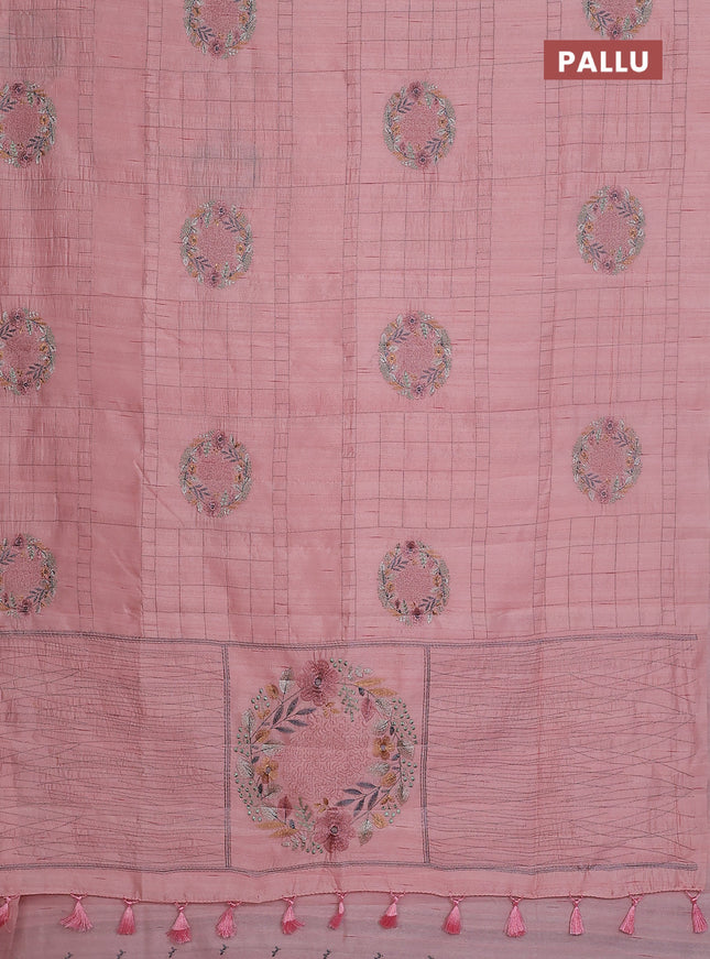 Semi raw silk saree mild peach with allover embroidery work buttas in borderless style
