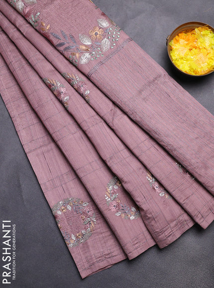 Semi raw silk saree rosy brown with allover embroidery work buttas in borderless style
