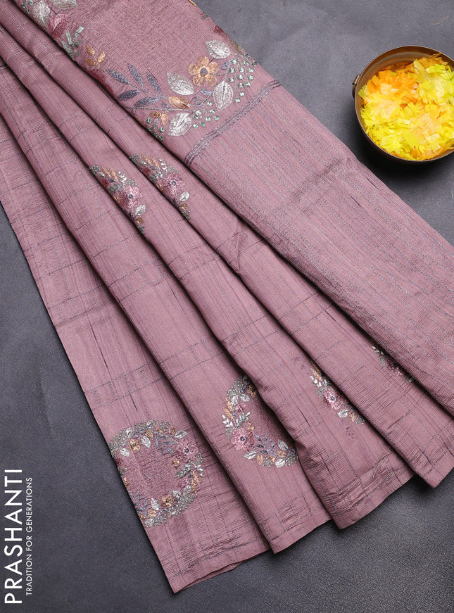 Semi raw silk saree rosy brown with allover embroidery work buttas in borderless style