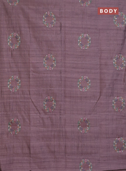 Semi raw silk saree rosy brown with allover embroidery work buttas in borderless style