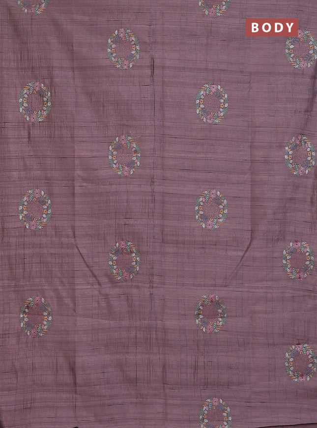Semi raw silk saree rosy brown with allover embroidery work buttas in borderless style