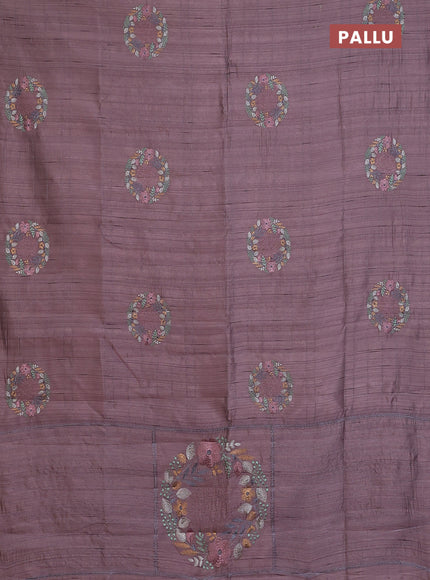 Semi raw silk saree rosy brown with allover embroidery work buttas in borderless style