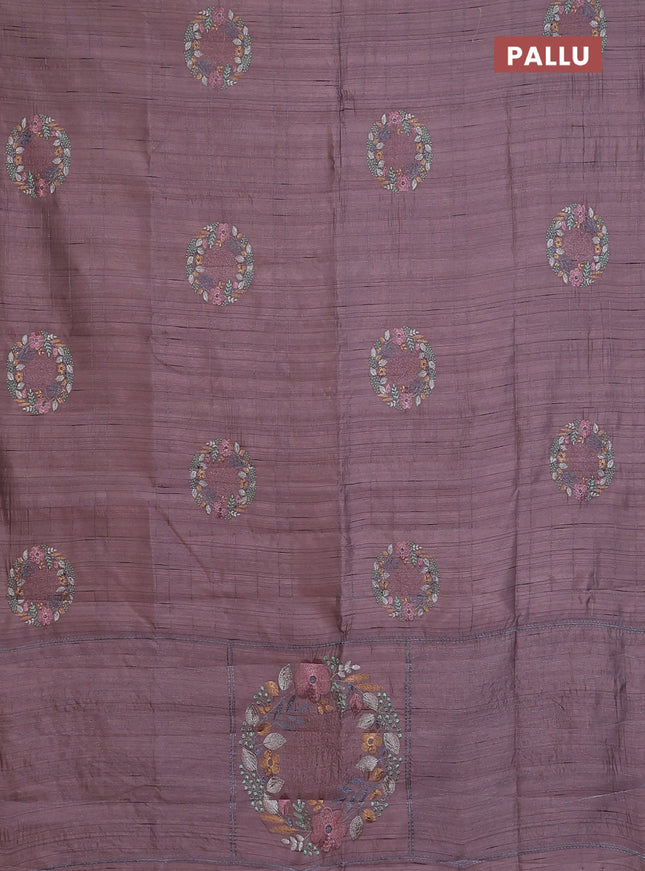 Semi raw silk saree rosy brown with allover embroidery work buttas in borderless style