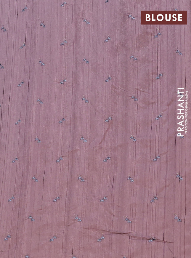Semi raw silk saree rosy brown with allover embroidery work buttas in borderless style