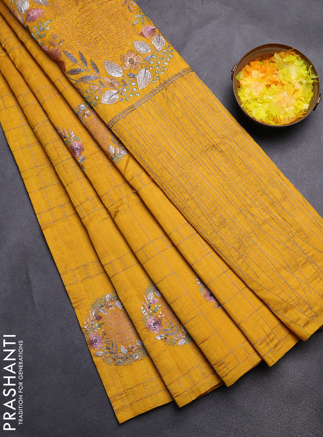 Semi raw silk saree mustard yellow with allover embroidery work buttas in borderless style