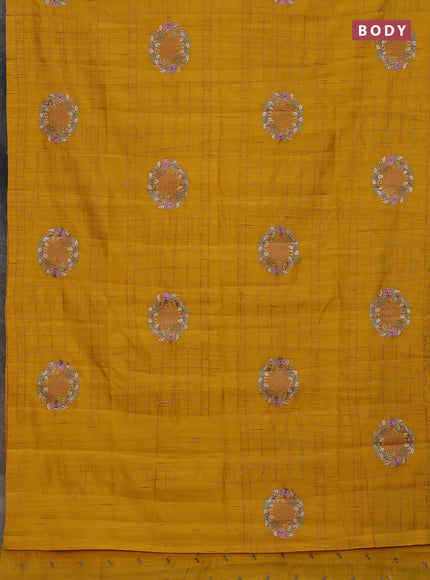 Semi raw silk saree mustard yellow with allover embroidery work buttas in borderless style