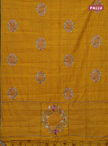 Semi raw silk saree mustard yellow with allover embroidery work buttas in borderless style