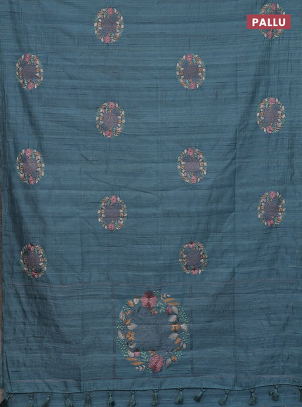 Semi raw silk saree pastel blue shade with allover embroidery work buttas in borderless style