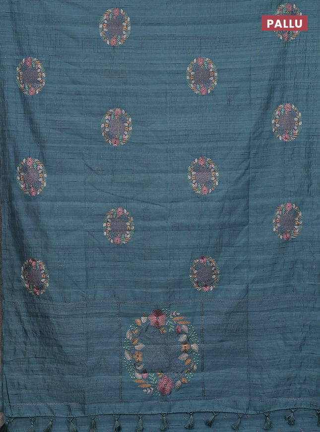 Semi raw silk saree pastel blue shade with allover embroidery work buttas in borderless style