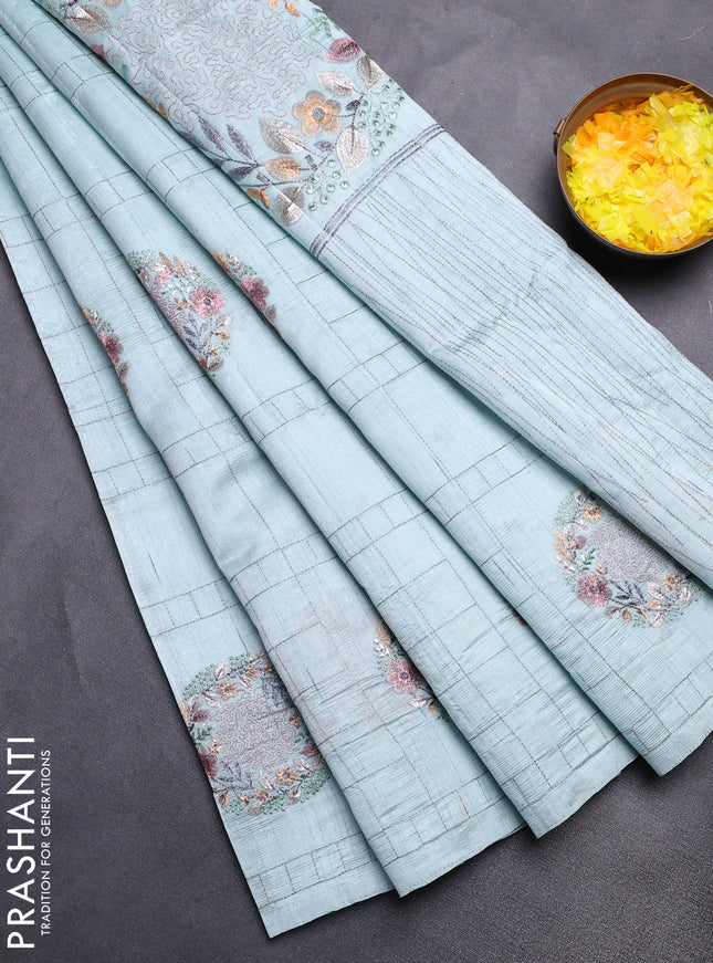 Semi raw silk saree pastel blue with allover embroidery work buttas in borderless style