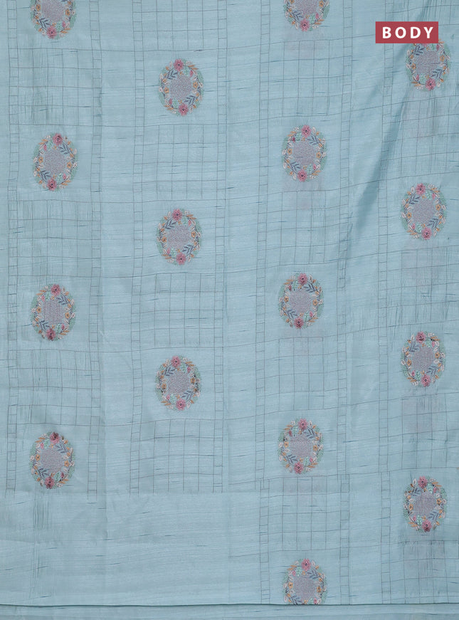 Semi raw silk saree pastel blue with allover embroidery work buttas in borderless style