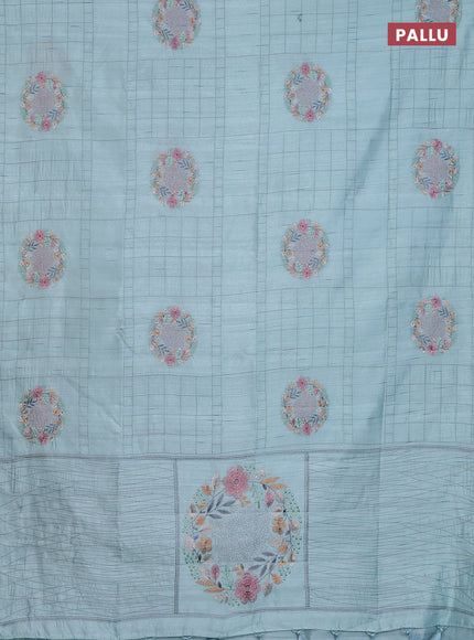 Semi raw silk saree pastel blue with allover embroidery work buttas in borderless style