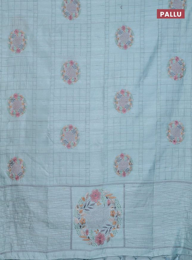 Semi raw silk saree pastel blue with allover embroidery work buttas in borderless style