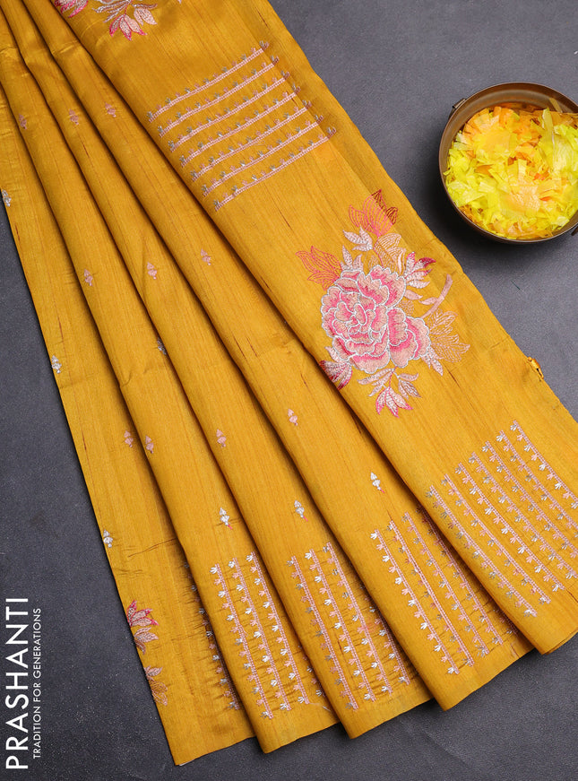 Semi raw silk saree dark mustard with embroidery buttas and embroidery butta border