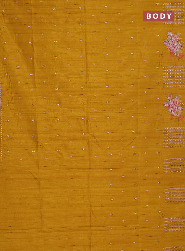 Semi raw silk saree dark mustard with embroidery buttas and embroidery butta border