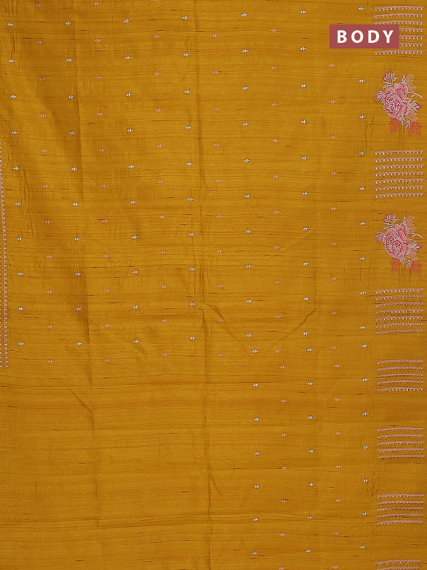Semi raw silk saree dark mustard with embroidery buttas and embroidery butta border