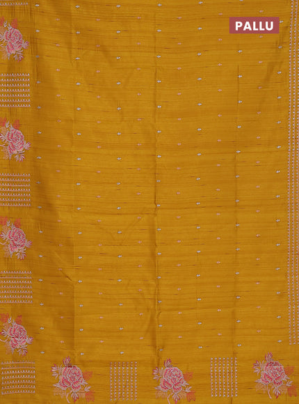 Semi raw silk saree dark mustard with embroidery buttas and embroidery butta border