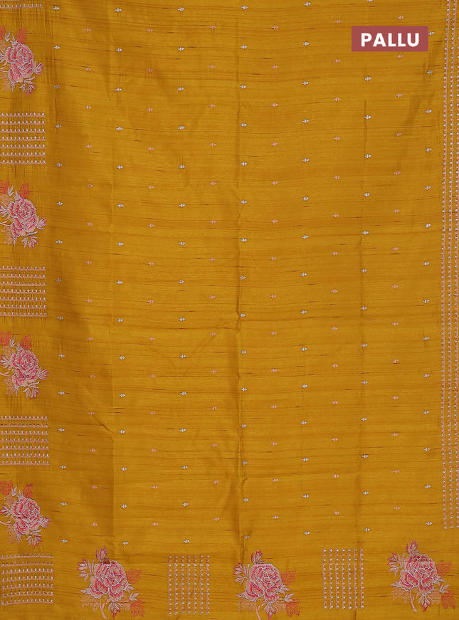 Semi raw silk saree dark mustard with embroidery buttas and embroidery butta border