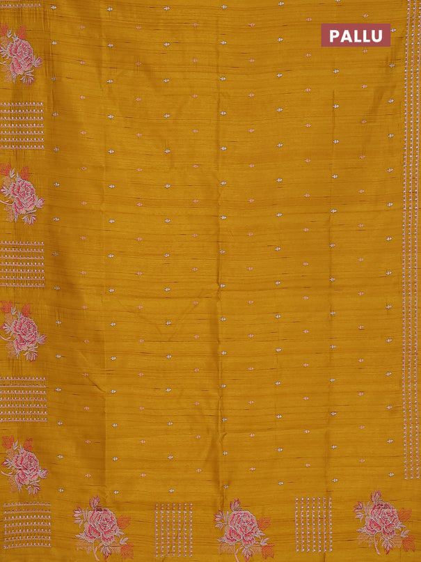 Semi raw silk saree dark mustard with embroidery buttas and embroidery butta border