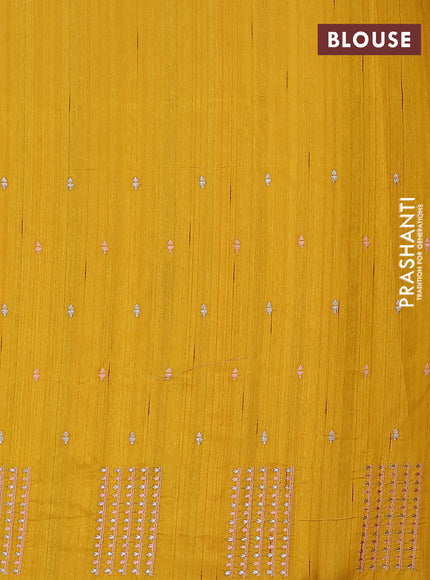 Semi raw silk saree dark mustard with embroidery buttas and embroidery butta border