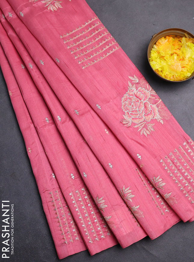 Semi raw silk saree peach pink with embroidery buttas and embroidery butta border