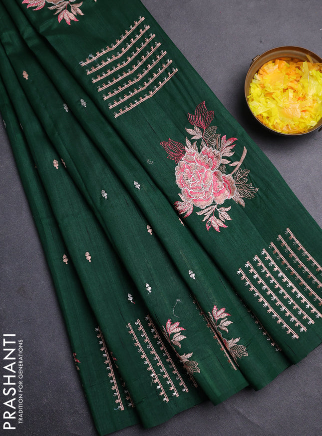 Semi raw silk saree bottle green with embroidery buttas and embroidery butta border