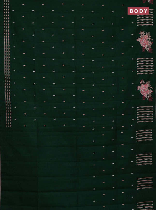 Semi raw silk saree bottle green with embroidery buttas and embroidery butta border