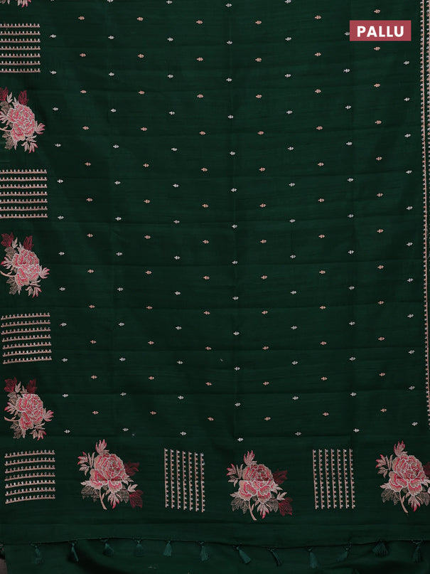 Semi raw silk saree bottle green with embroidery buttas and embroidery butta border