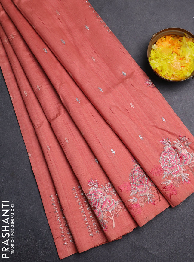Semi raw silk saree dark peach with embroidery buttas and embroidery butta border