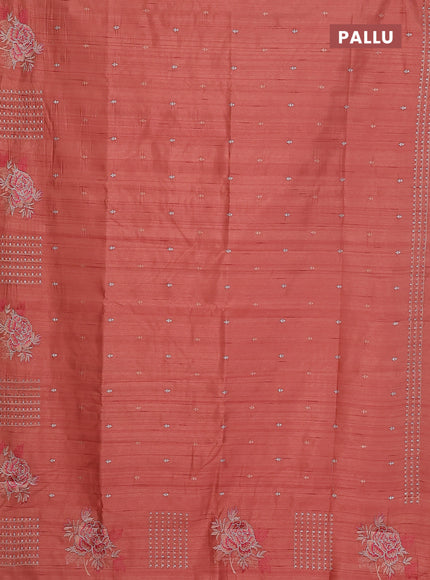 Semi raw silk saree dark peach with embroidery buttas and embroidery butta border