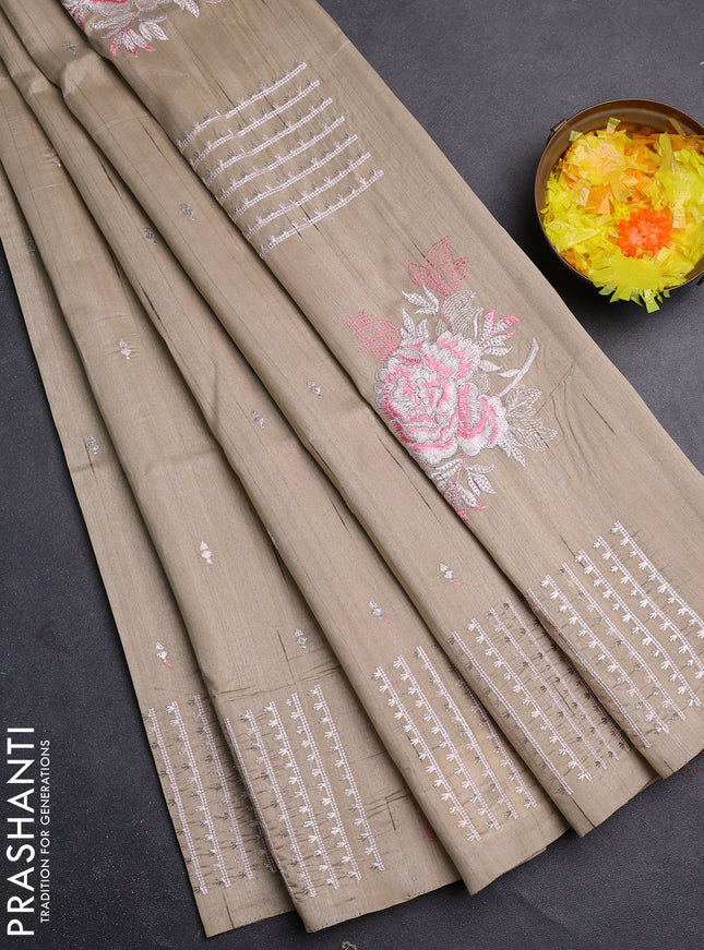 Semi raw silk saree beige with embroidery buttas and embroidery butta border