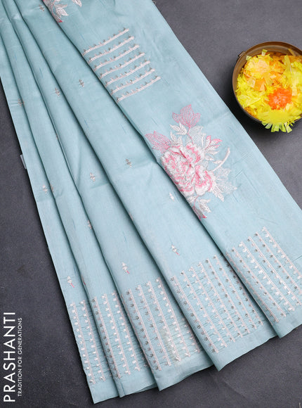 Semi raw silk saree pastel blue with embroidery buttas and embroidery butta border